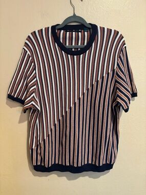 Men’s Perry Ellis Striped Knit Top, with Rust, Navy and White, Banded Hem, XL